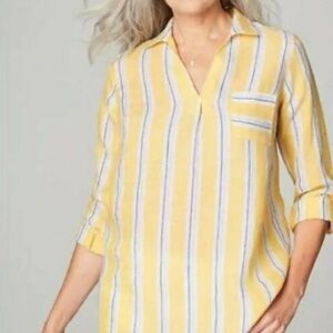 J. Jill Love Linen Striped Long Sleeve Popover Shirt Yellow White Coastal Beachy